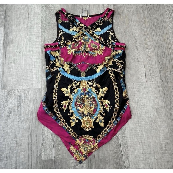 Cache Tops - CACHE Halter Top M Medium Gold Chain Floral Print Top Silk Stretch Vintage